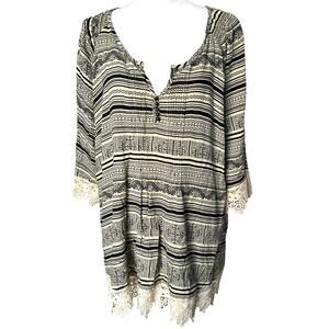 SOLITAIRE Women's 3X Striped Tunic Top Shirt Lace Trim 3/4 Sleeve V‎ Neck Boho
